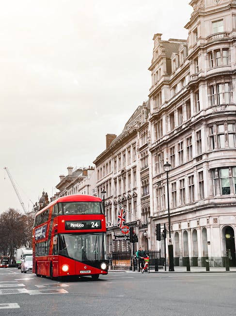 A red double-decker bus, numbered 24, is traveling along a city street in front of ornate, multi-story white Victorian buildings with detailed architectural features and bay windows. The bus displays the destination 'Pimlico' on its front electronic sign. To the right of the bus, a black lamppost with a decorative base stands near the curb, and a Union Jack flag is visible attached to a pole nearby. The street surface features a pedestrian crossing with white striped markings. In the background, a construction crane is partially visible, indicating ongoing development in the urban area. The scene is illuminated by natural, overcast light, creating a neutral tone typical of a city environment in late autumn or winter. The setting highlights elements of private and alternative public transport options within central London, supporting the context of independent transportation and waste management services nearby, suggested by the proximity of Rubbish Clearance Pimlico activity on similar urban streets.