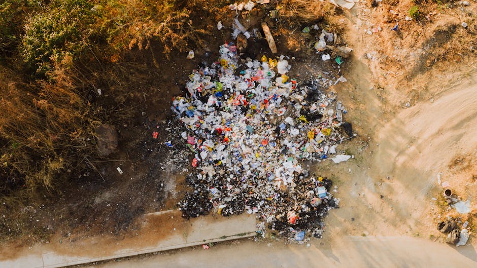 An aerial view of a small, uneven dirt area adjacent to a paved pathway or road, showing a large pile of miscellaneous rubbish consisting of plastic bottles, containers, food wrappers, paper debris, and broken small objects. The rubbish has various colors, with white and clear plastics dominating, and some items appear crushed or torn, with textures ranging from smooth to crumpled. Surrounding the debris, there are patches of dry, brown earth and sparse vegetation to the left, indicating an outdoor environment, possibly a roadside or vacant lot. The scene suggests an act of pavement dumping or illegal waste disposal, with the waste accumulated in a semi-circular formation close to the edge of the pathway. The lighting is natural, with sunlight casting subtle shadows, emphasizing the cluttered composition. This type of scene illustrates the need for proper rubbish removal and highlights the services provided by companies like Rubbish Clearance Pimlico in managing private waste and on-site clearance.