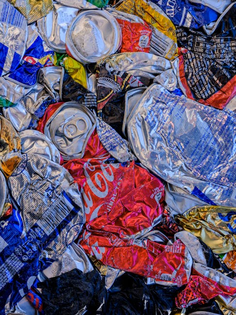 A close-up image of a large pile of crumpled and flattened aluminium beverage cans, predominantly silver with some featuring red, black, blue, and yellow branding and labels. The cans vary in size and shape, with some showing visible pull-tabs, and are layered chaotically, occupying the entire frame with no clear background. The surface of the cans reflects light, emphasizing their metallic finish and textured surface. The setting appears to be an outdoor or industrial environment, possibly a collection or disposal area for waste materials requiring specialist rubbish removal services. The image highlights the importance of proper waste segregation and recycling, which Rubbish Clearance Pimlico can facilitate through alternative waste handling options outside of standard council collection, supporting efficient cleanup and disposal of recyclable materials.